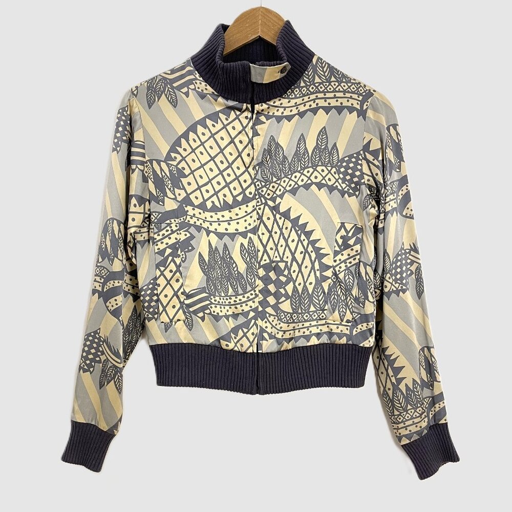 Vintage Y2K Cacharel Silk Abstract Graphic Print Bomber Jacket